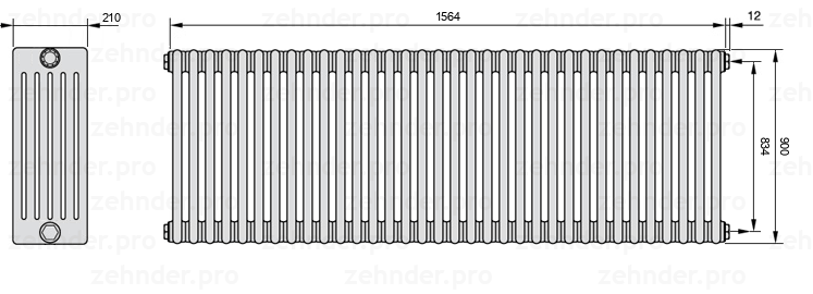Схема (чертеж) Радиатор Zehnder Charleston 6090/34 №7610 Белый глянцевый RAL 9016